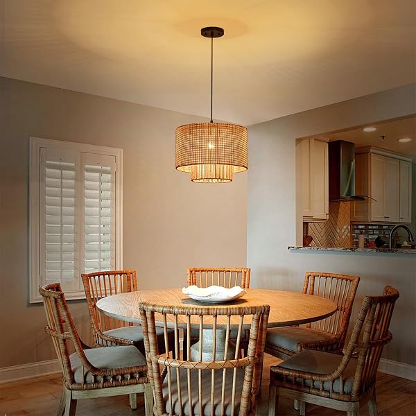 HUOKU 13.8” RATTAN DRUM CHANDELIER, 1-LIGHT BOHO DINING ROOM LIGHT FIXTURES FARMHOUSE PENDANT LIGHT HAND WOVEN LIGHTING FOR KITCHEN ISLAND LIVING ROOM BLACK