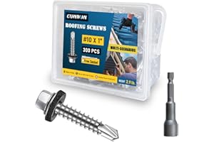 CAMNWAMN 300Pcs #10 x 1 Inch Galvanized Metal Roofing Screws, Hex Head Drill Point Sheet Metal Roof Screw with Rubber Washer, EPDM Washer, with Hex Drive Bit.
