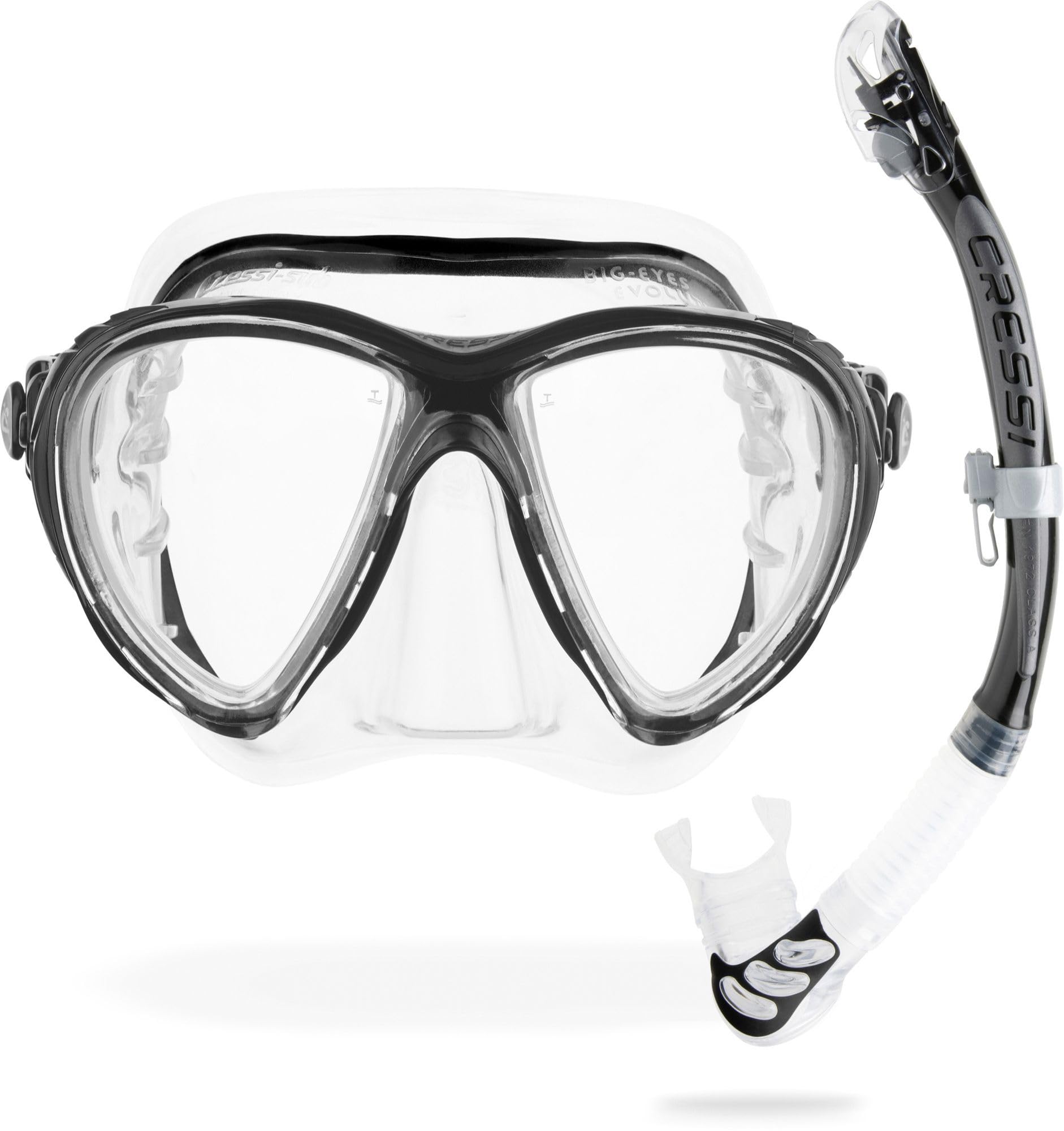 Cressi Big Eyes Evo & Alpha Ultra Dry Snorkel Set Adults - Silicone Snorkel Mask - Dry-Top Breathing Tube - Fit Diving Mask - Clear/Black - Combo Set