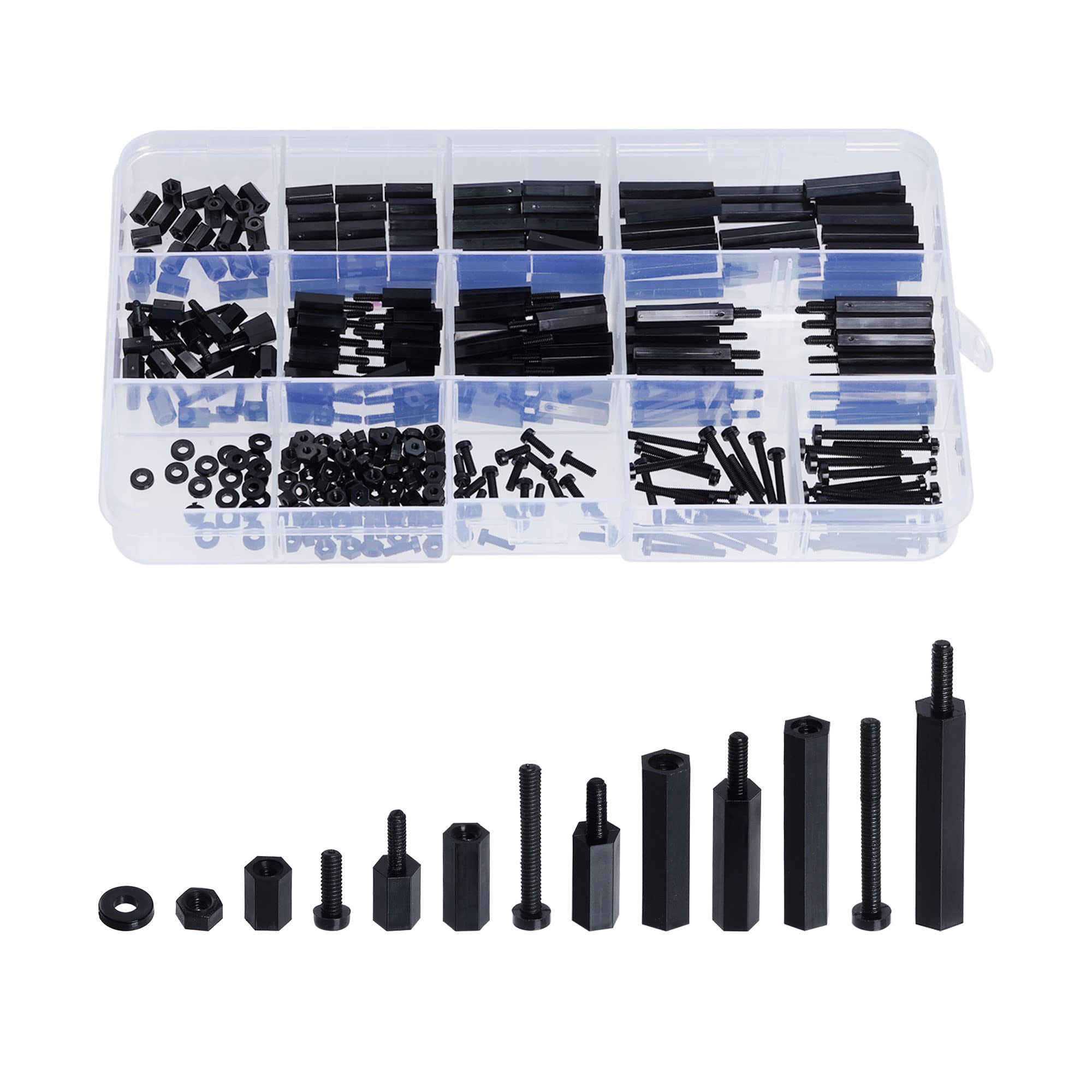 Photo 1 of Lystaii 320pcs M2 Nylon Hex Spacer Standoff Kit Male Female Screw Nut Threaded Pillar Hex Standoff PCB Motherboard Circuit Board Standoffs Mounting Hardware Spacer Assortment Kit (Black, M2)