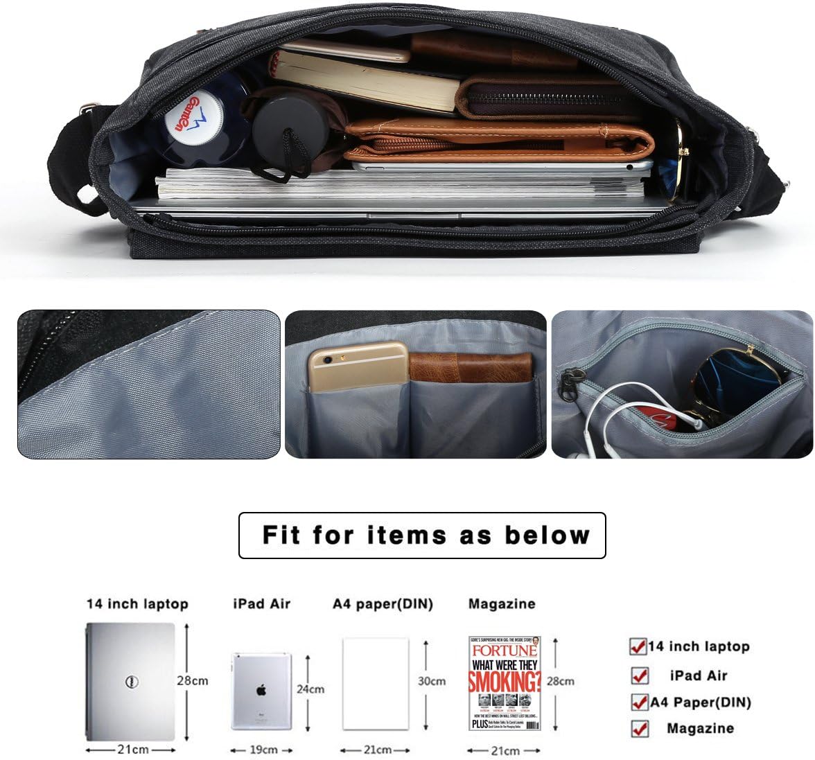 Eshow Mens Laptop Messenger Bag Canvas Shoulder Bags 14 Inch Mens Satchel Shoulder Bag for Work Casual Business School Travelling - Image 5