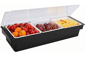 KNC Black Rectangular Condiment Server with Lid and 3 Removable Compartments, Food and Condiment Organizer Bar Accessories, C