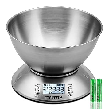 Etekcity EK4150 Báscula Digital para Cocina con Tazón Removible , 11 lbs / 5 kg, Acero Inoxidable, con Bol de Mezcla, Retroiluminación Blanca, Alarma ...