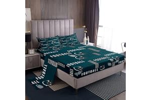 jejeloiu Football Bedding Set Queen Size Kids Rugby Sports Fitted Sheet with 16 Inch Deep Pockets for Boys Girls Teens Football City Bed Sheets Set Green Gray Soft Room Decor