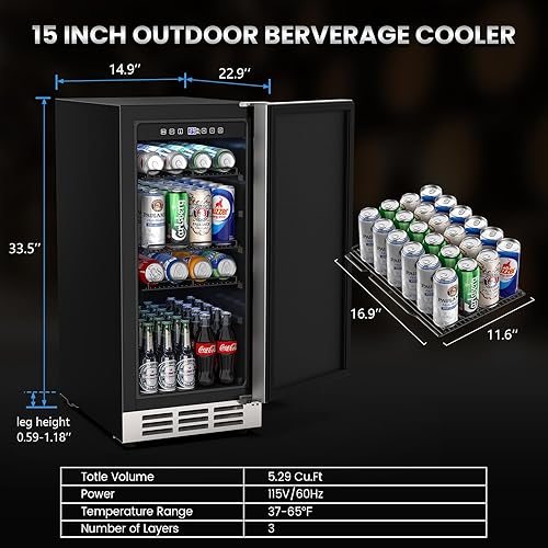Mojgar 15 Inch Outdoor Beverage Fridge, Weather Proof Stainless
