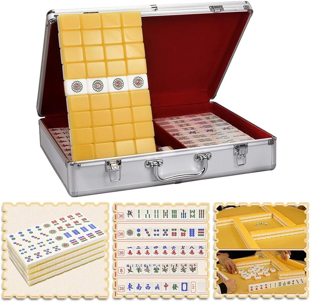 Qazxsw 144 Sets of Mahjong Tiles,Outdoor Travel Games with Mahjong Silencer (Aluminum Box) High-End Mahjong Set Gift,Yellow,39#