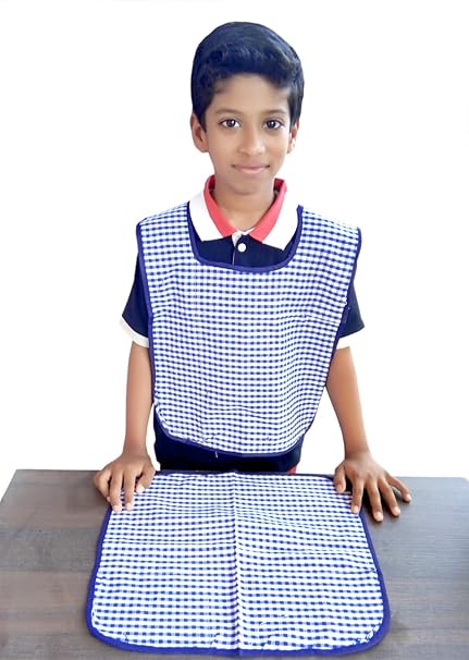 Switchon Waterproof Cotton Checks Design Multi Purpose Apron with Cloth Plate for Kids - Blue and White