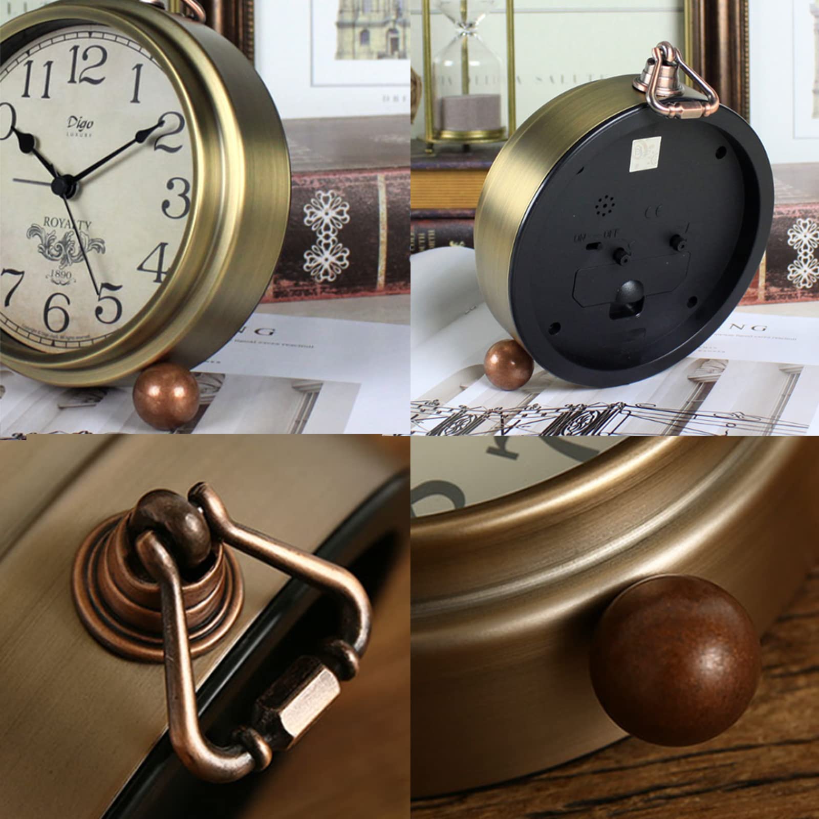 JUSTUP Golden Table Clock, Retro Vintage Non-Ticking Table Desk Alarm Clock Battery Operated Silent Quartz Movement HD Glass for Bedroom Living Room Indoor Decoration (Arabic)