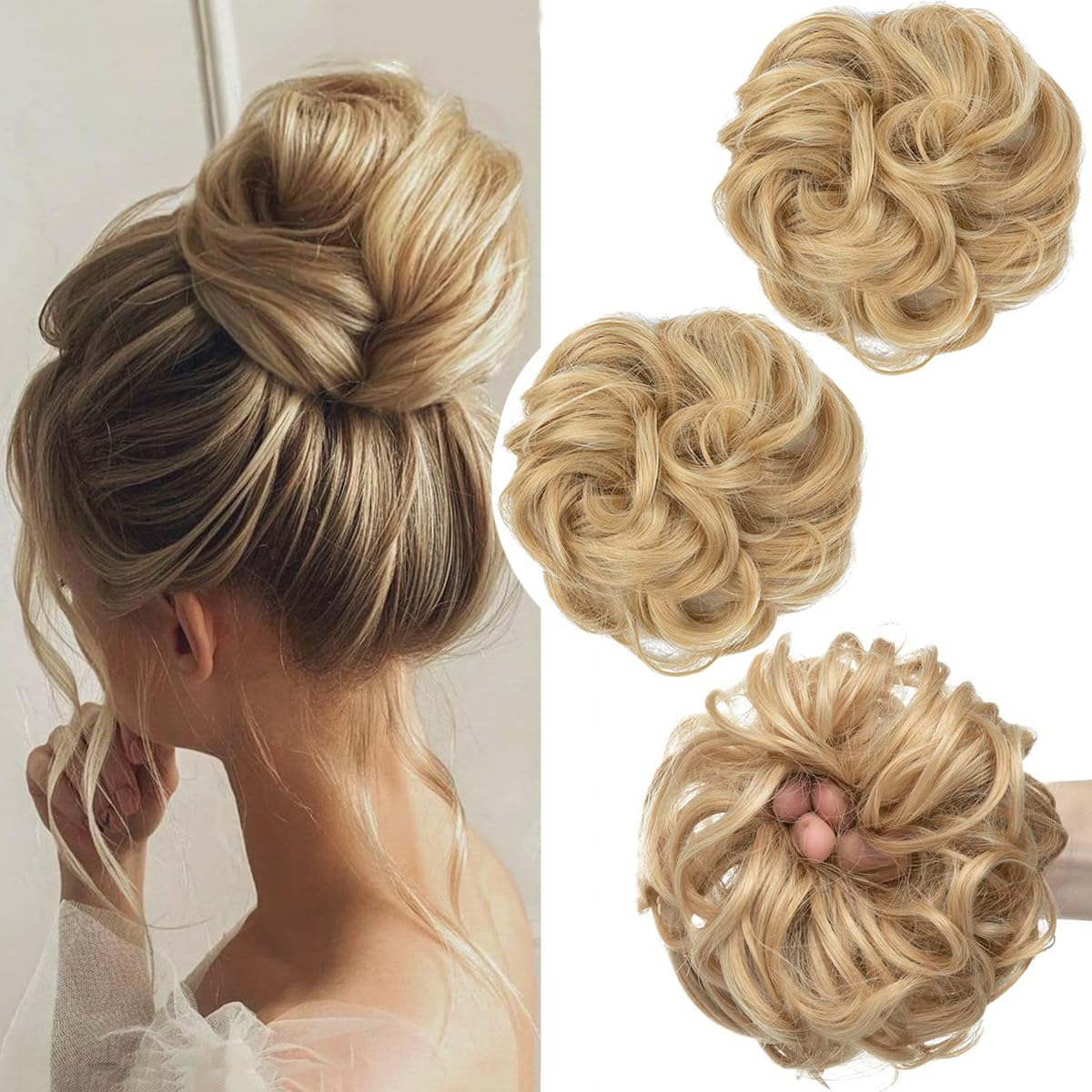2 Pieces Messy Buns Extensions Curly Wavy Elastic Easy Scrunchies for Women Girls Large Synthetic Donut Updo Hair Pieces Blonde Chignons — image 1