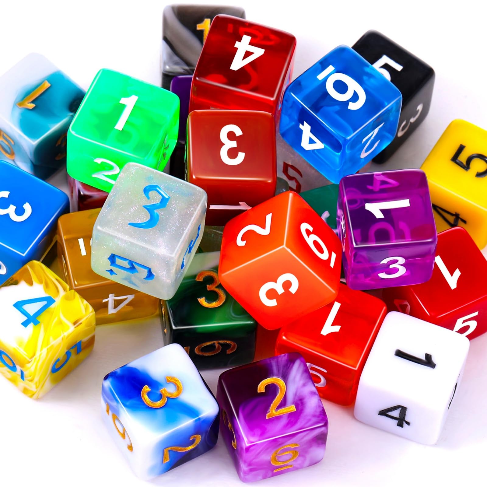 TecUnite 25 Pieces Polyhedral Dice Set with Black Pouch for Other Table Activities with Random Multi Colored Assortment(Bright Color,6 Sides)
