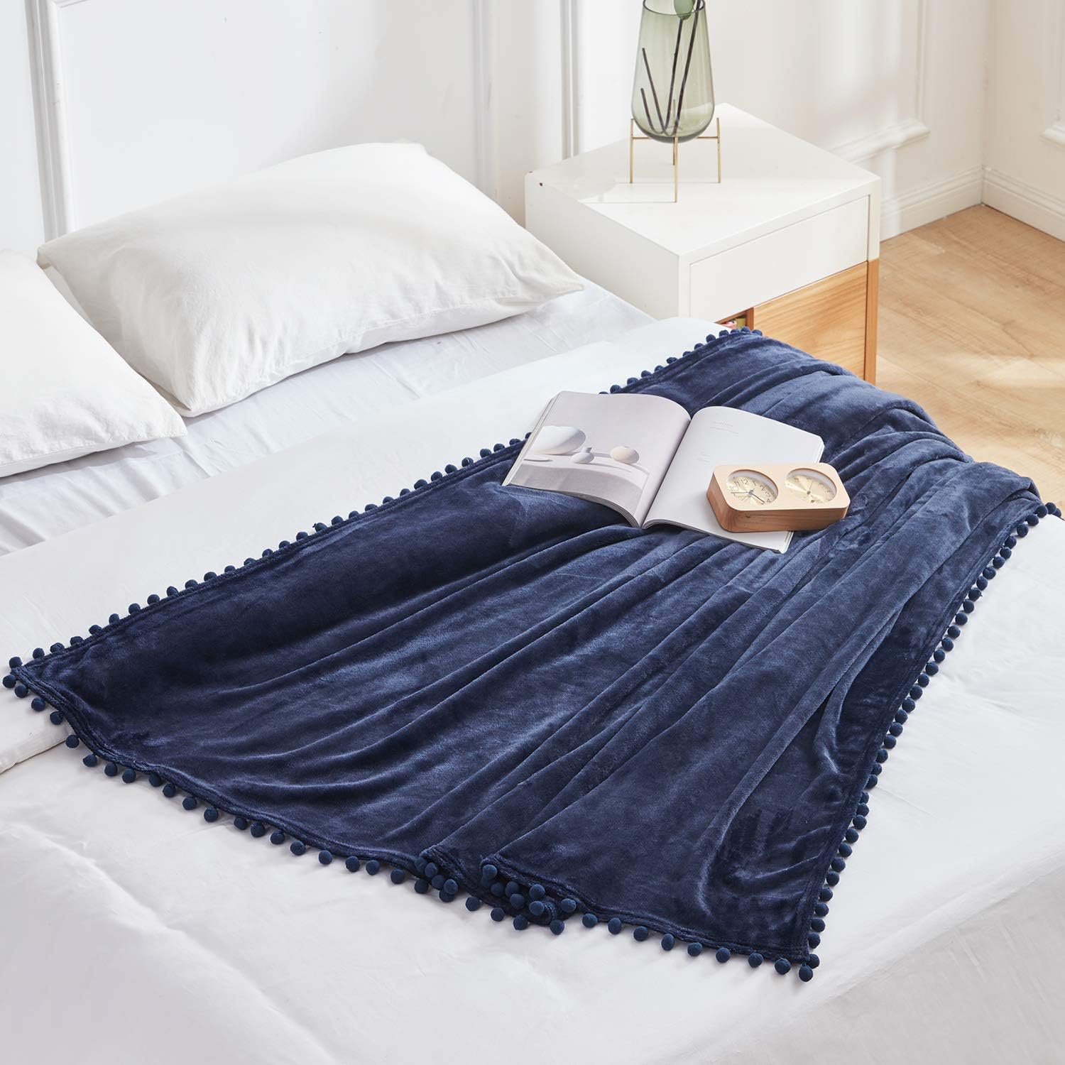 BEAUTEX Fleece Throw Blanket with Pompom Fringe, Navyblue Flannel Blankets and Throws for Couch, Super Soft Cozy Lightweight Plush Throw Blanket (50" x 60"): Kitchen & Dining