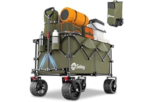 Sekey 220L Collapsible Foldable Wagon with 330lbs Weight Capacity, Heavy Duty Folding Utility Garden Cart with Big All-Terrain Beach Wheels & Drink Holders. Khaki