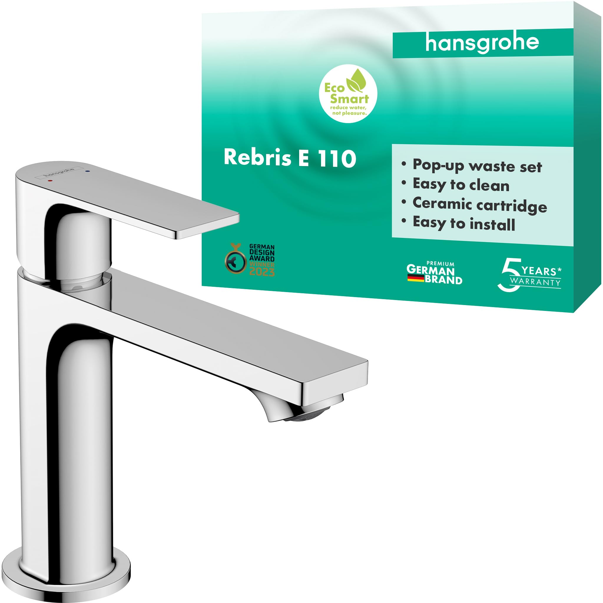 Hansgrohe Rebris E Basin Mixer Tap 110 with Pop-Up Waste Set, Chrome, 72557000