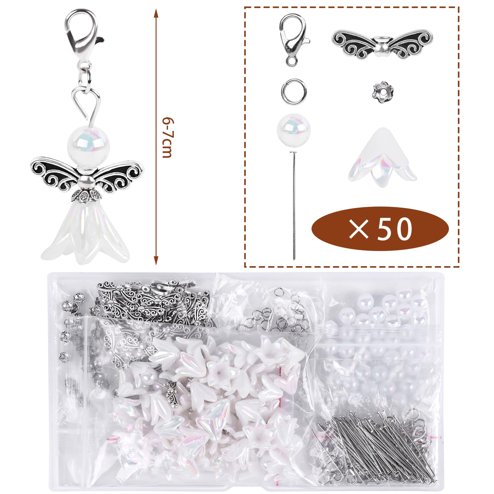 VGOODALL 50 Stück Schutzengel Selber Machen Set, Weiß Perlenengel Anhänger Basteln Charms Anhänger Perlen Engel Bastelset für DIY Basteln Charms Anhänger Schlüsselanhänger Engel