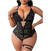 SOLY HUX Women's Plus Size Lace Lingerie Set Deep V Neck Teddy Bodysuit Babydoll Nightwear with Leg Ring