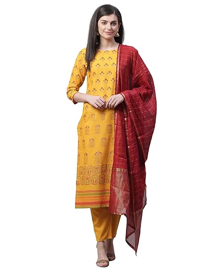 Women's Foil Printed Pure Cotton Straight Kurta Trouser With Dupatta Set(IE26KS1YL1669_Yellow)