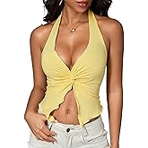 OYOANGLE Women's Sleeveless Halter Crop Top Twist Front Ruched Asymmetrical Crop Blouse Shirt Y2K