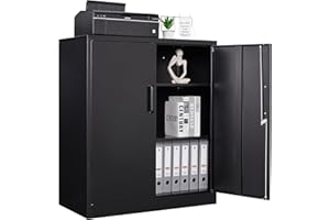 Anxxsu Metal Storage Cabinet, Lockable Steel Storage Cabinet with 2 Doors and Shelves, Metal Cabinet with Lock, Small Locking Cabinet for Home Office (Black)