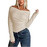 RoseSeek Women's Elegant Ruched Off Shoulder Tops Long Sleeve T Shirts Slim Fit Crop Tops