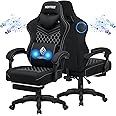 HOFFREE Gaming Chair Computer Chair Fabric with Bluetooth Speakers Massage Game Chair with Footrest Ergonomic High Back Gamer Chair with Lumbar Support Reclining Gaming Chairs for Adults Black Fabric