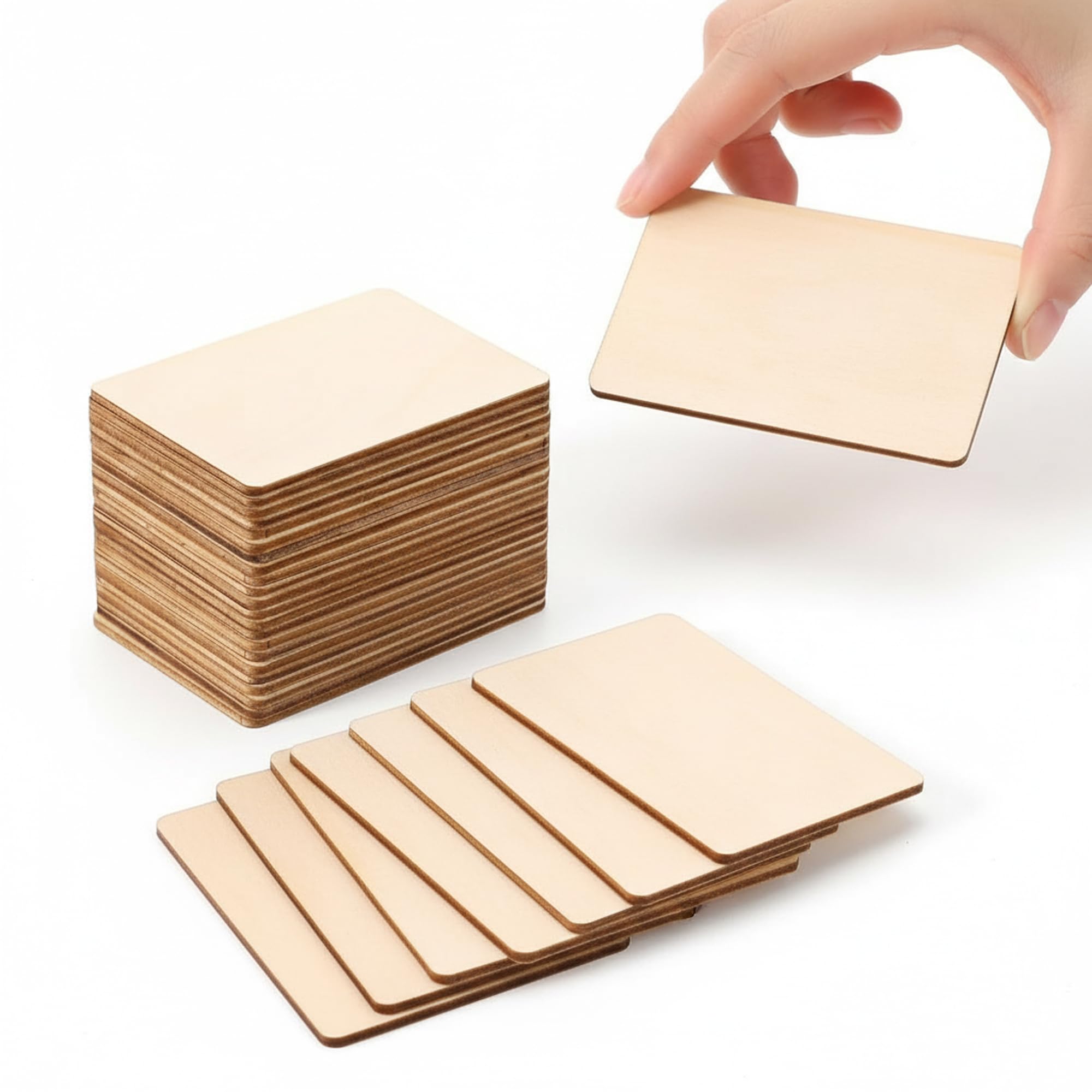 Photo 1 of 100 Pcs Unfinished Wood Pieces Blank Wood Squares Round Corner for Painting Writing Carving Letter Scrabble DIY (2.08” x 1.37” Rectangle)