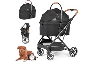 Beberoad Pets T6 Luxury Pet Stroller for Medium Dog Under 66lbs or 2 Small Dogs & Cats, Foldable and Carrier -Detachable (Black)