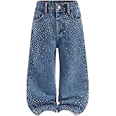 MakeMeChic Girl's Glitter Rhinestone Wide Leg Jeans Zip Fly Baggy Fall Y2K Denim Pants