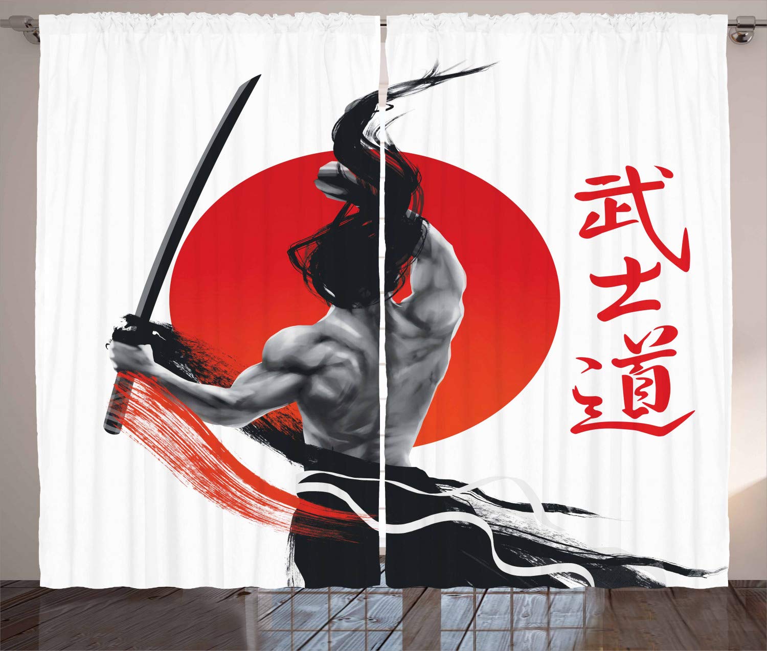 ABAKUHAUS Japanese Curtains, Samurai at Practice Ornate, Living Room Bedroom Window Drapes 2 Panel Set, 280 x 245 cm, Red White