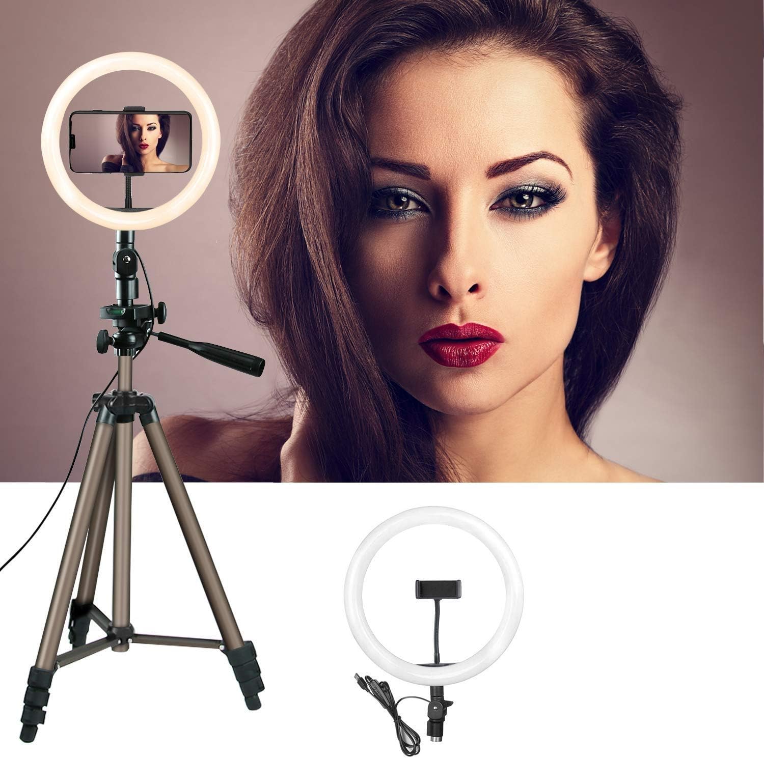 SUPPLE 10" Selfie LED Ring Light with Tripod Stand and Cell Phone Holder and 3 Light Mode, Dimmable Desktop LED Makeup Ring Light Kit for Live Streaming