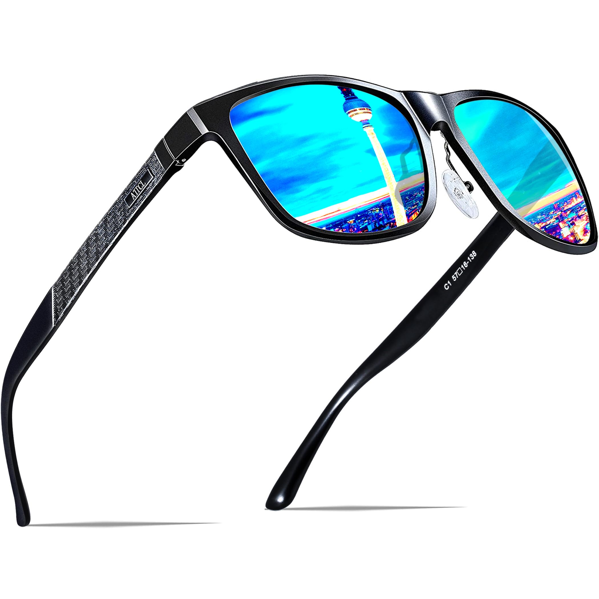 ATTCL Sonnenbrille Herren Polarisiert Für Autofahren: UV400 Schutz Leicht AL-MG Rahmen Verspiegelte Scheibe Wanderung Reise 8587 Schwarz Blau Verbessert