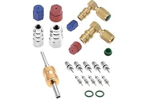 Mtsooning R12 R22 to R134a Conversion Kit, Include 4 PCS High/Low Fitting Port Retrofit 1/4 SAE to 7/16"-20 UNF Conversion Adapter, R22 R134a Valve Cores, A/C Rubber Seals and Valve Core Removal