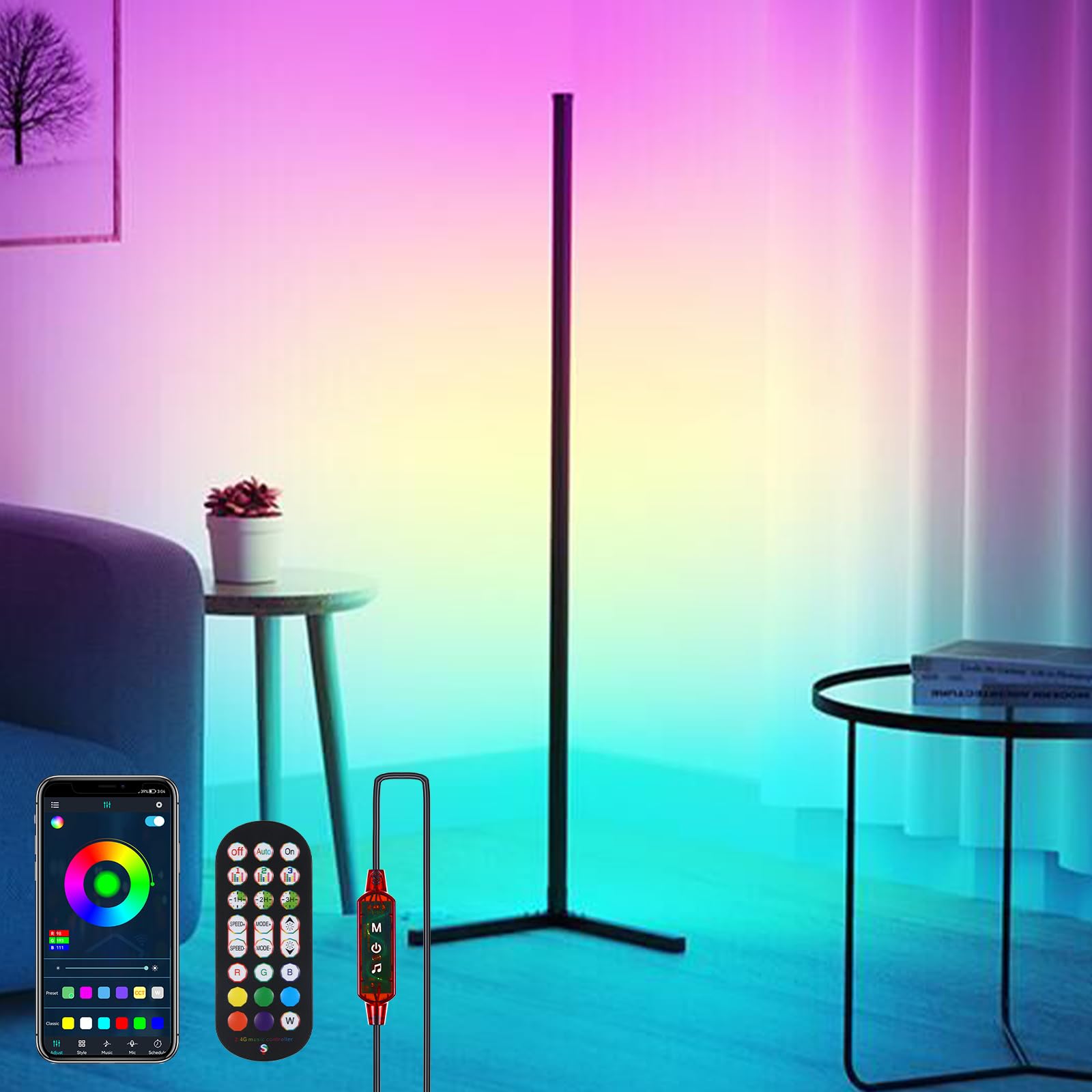 Neoglint LED Corner Floor Lamp, RGB LED Standing Lamp with Phone App and Remote Control, Music Synic Atmosphere Tall Lamp with Speed and Brightness Adjustbale for Restaurant Cafe Shop Yard Garden