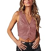 Fallorchid Women's Button Up Sleeveless Vest Crop Tops Sexy V Neck Faux Leather Jacket Waistcoat
