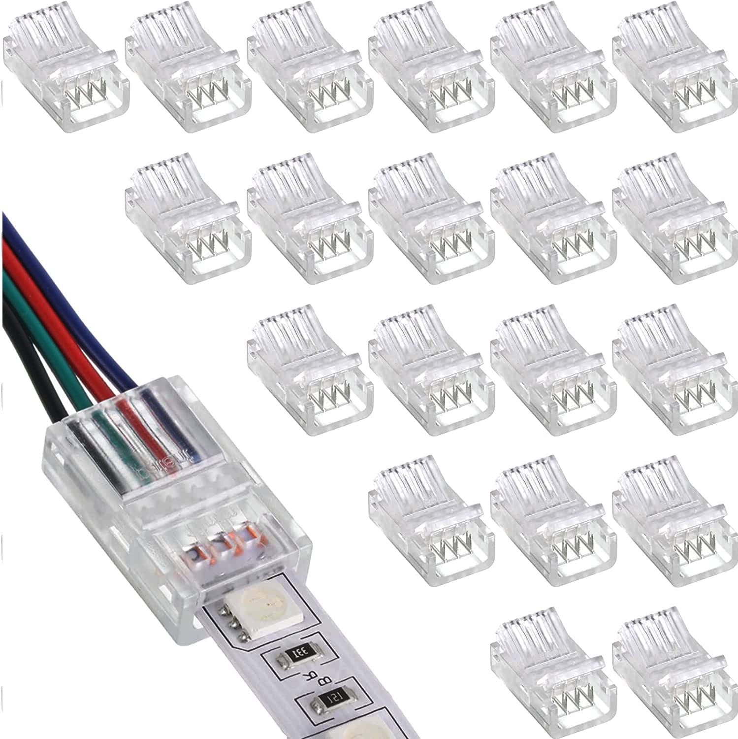 RUNCCI-YUN Pack of 20 LED Connectors, 4 Pin 10mm, Solderless, Gapless, for Unwired Gapless Track Lighting, 5V 12V 24V SMD 5050