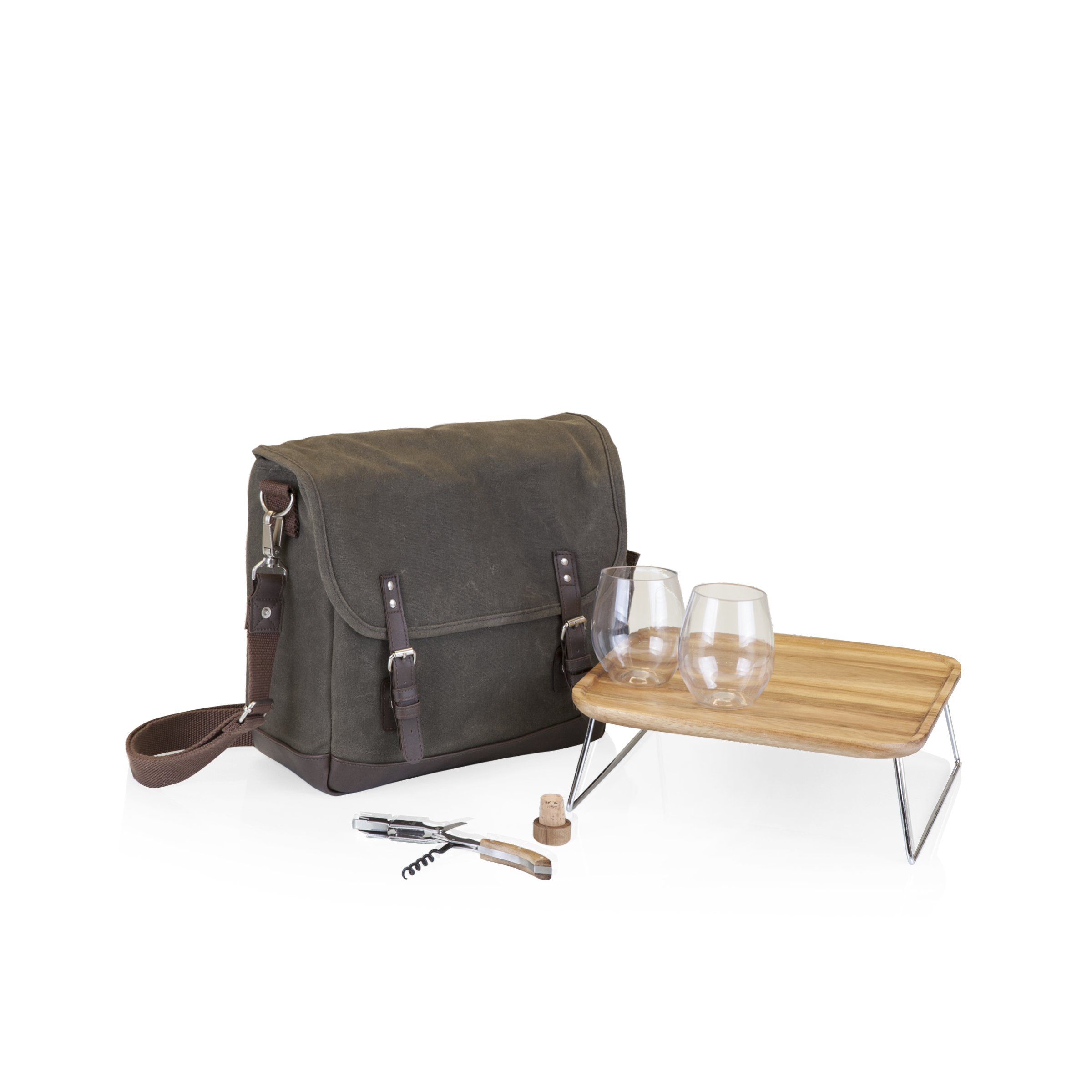Photo 1 of LEGACY - a Picnic Time Brand Adventure Wine Tote Bag with Wine Glasses and Mini Table, Khaki Green/Brown