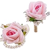 SITUMEIZI 2Pcs Pink Corsage and Boutonniere Set Corsage Wristlet for Prom Decor Boutonniere for Men Wedding Flowers Accessories Party Suit Decoration(Light Pink)