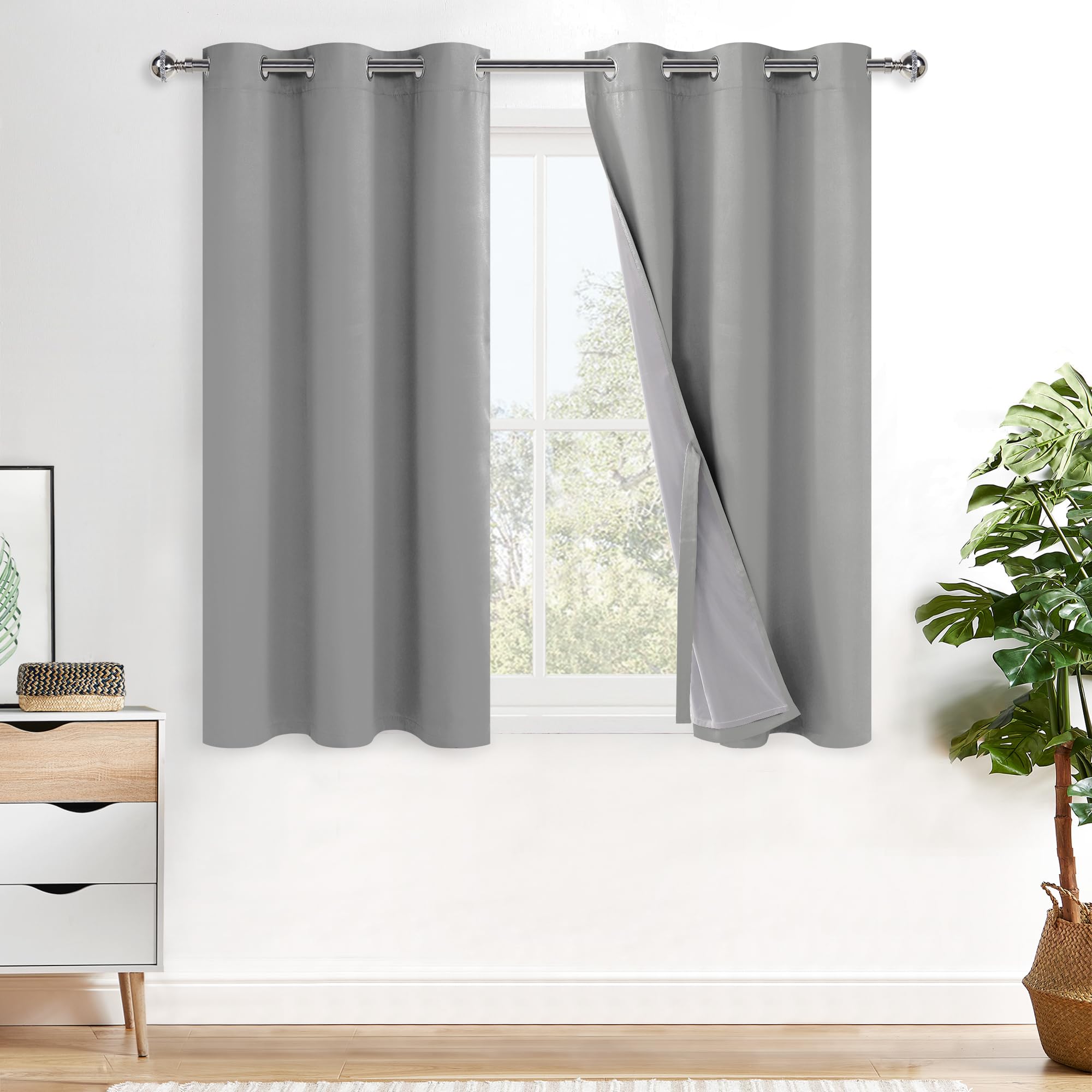 XWZO 100% Blackout Window Curtains - Thermal Insulated & Completely Room Darkening Black Liner Window Treatment with Tiebacks for Bedroom/Living Room, Light Grey, W38 x L54, Set of 2 Panels Image