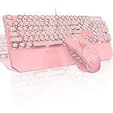 Typewriter Mechanical Gaming Keyboard and Mouse Combo, Retro Punk Round Keycaps RGB Rainbow Backlit Wired Keyboard for Game and Office, for Windows Laptop PC, Red Switches(Pink)