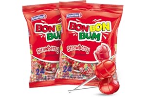 Colombina Bon Bon Bum Strawberry Bubble Gum Lollipops (48 Pops) - Strawberry Flavored Lollipops Individually Wrapped -Bubble Gum Filled Hard Candy Suckers and Lollipops Bulk - Lollipops for Kids