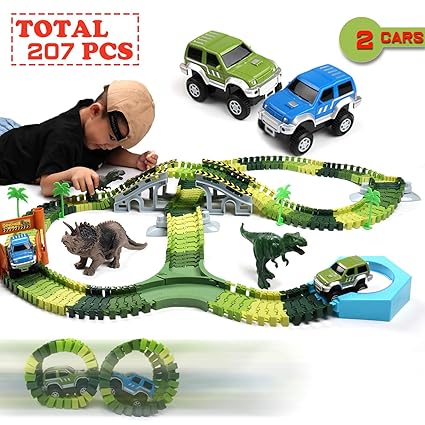 Klobroz Dinosaur Toys 207 Pieces Dinosaur Track Set Best Gifts For 3 4 5 6 7 8 Year Old Boy 192 Pcs Flexible Tracks Playset 2 Battery Powered Race