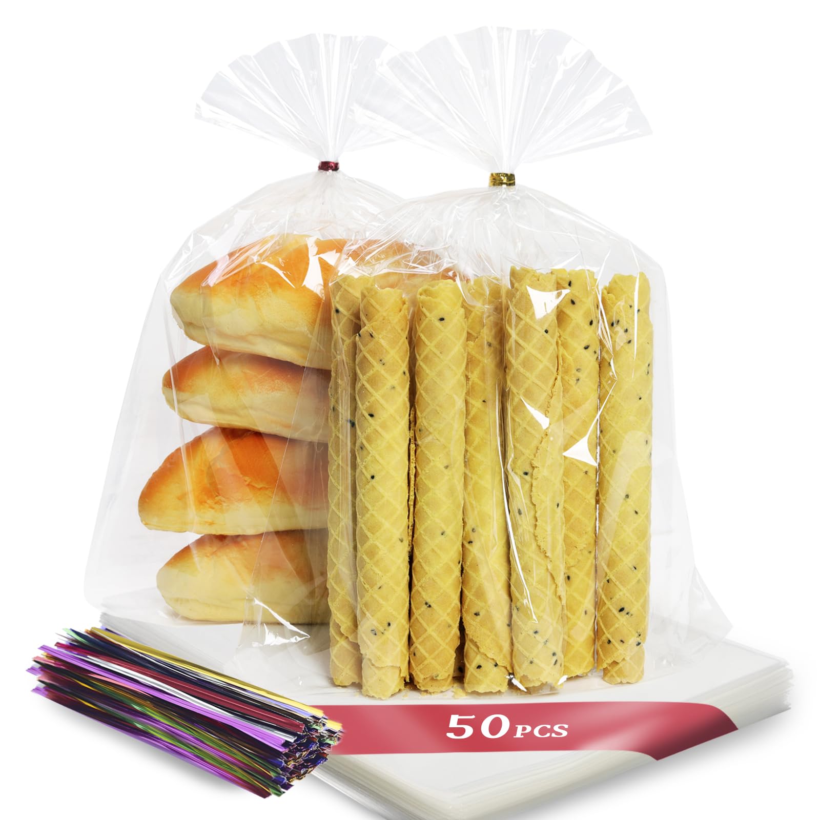 Photo 1 of Djpoaug 50 Clear Cellophane Bags Clear Plastic Bags for Small Candy Packaging Flat Mouth with Tie Wire Biscuit Bags - 11x14 Inch