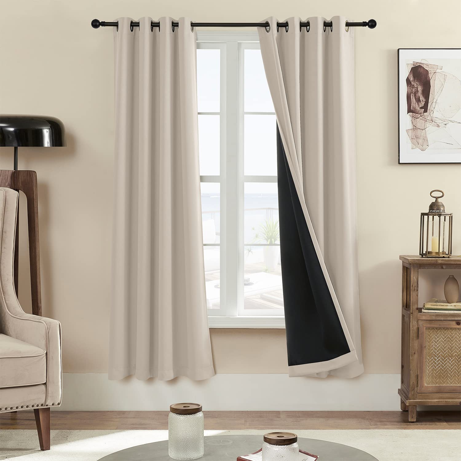 Rutterllow 100% Blackout Curtains for Bedroom 52Wx72L Inch, Energy Efficiency Full Shading Window Curtain Panels, Heat and Light Blocking Soundproof Draperies for Living Room/Cafe (1 Pair, Beige) Image Rutterllow 100% Blackout Curtains for Bedroom 52Wx72L Inch, Energy Efficiency Full Shading Window Curtain Panels, Heat and Light Blocking Soundproof Draperies for Living Room/Cafe (1 Pair, Beige) Image