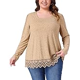 Agnes Orinda Plus Size Tops for Women Square Neck Long Sleeve Lace Hem Fall Winter Tunic Blouse Shirts for Leggings