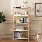 Baveke 5 Tier Book Shelf- Bamboo Bookcase with Storage, Industrial Bookshelf & Wooden Open Shelves, Modern Bookshelves for Living Room, Bedroom, Office, Natural White