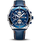 MEGIR Men Business Analogue Quartz Watch with Fashion Blue Leather Strap Chronograph Luminous Auto Calendar for Sport & Work 2074 Blue