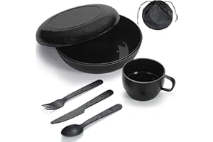 Berglander Camping Mess Kit with Bowl, Plate, Cup, Spoon, Fork, Knife and Carry Bag, Plastic Camping Accessories Essentials Gear for Travel, Camping, Picnic, Outdoor, Easy to Carry & Store