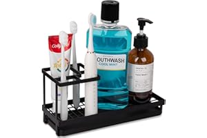 HEAGOALE Toothbrush Holders for Bathrooms, Carbon Steel Tooth Brushing Holder Electric Toothbrush and Toothpaste Organizer Bathroom Accessories for Countertop, Shower, Sink - Matte Black