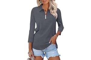 TICTICMISS Womens Tops 3/4 Sleeve Polo Shirts Business Casual V Neck Collared Shirts Basic Tees Blouse