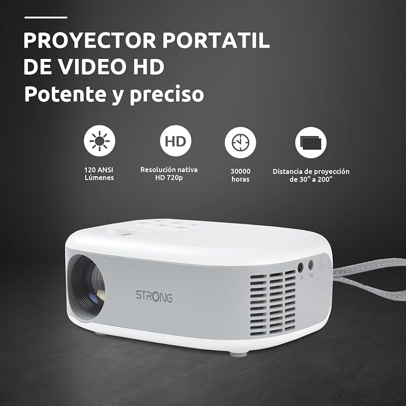 STRONG - Mini Projetor de Vídeo N1 - Resolução HD 720p Compatível com Full HD 1080p - 120 ANSI Lumens - Distância de projeção 0,9 a 6,2 m - Conectividade HDMI/USB/AV + Saída de Áudio - Branco
