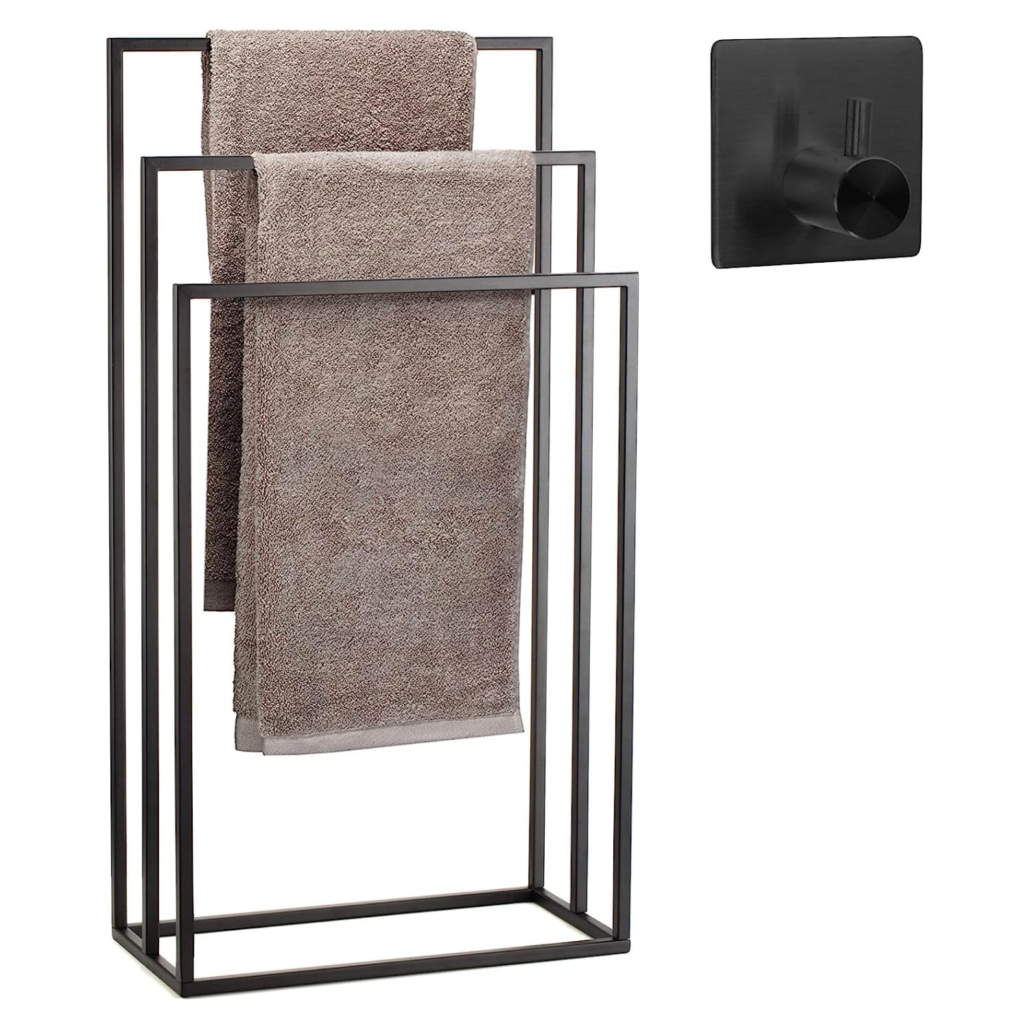 Smartpeas Handtuchhalter Stehend - Handtuchständer Schwarz Aus Rostfreiem Pulverbeschichtetem Stahl - Mit 3 Handtuchstangen - Plus: Edelstahl Klebehaken 2